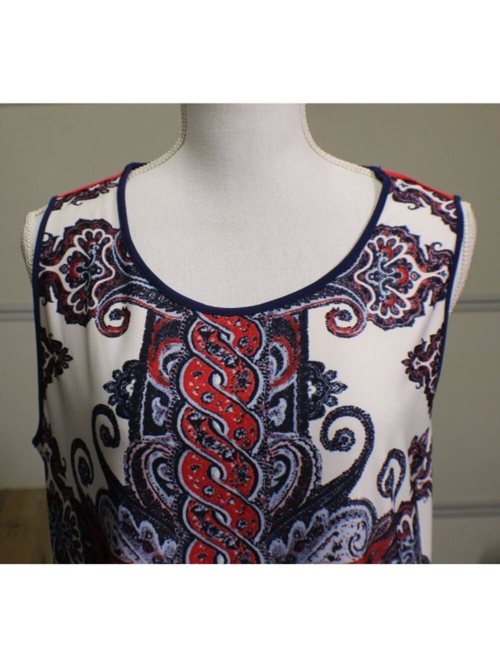 Melissa Paige Sz Large Red White Blue Paisley Sleeveless Dress Long Side Slits - Picture 2 of 12